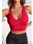 Kadın Kırmızı Derin Göğüs Dekolteli Şık Crop Top Bluz 1