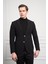 Erkek Siyah Poliviskon Dokuma Desenli Slim Fit Dar Kesim Mono Yaka Ceket 1