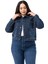 Büyük Beden Göğüsten Çift Cepli Kısa Lacivert Denim Ceket 4