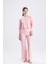 Kadın Fitilli Dalgıç Çizgi Desenli Fırfırlı Uzun Kolu Pijama Takımı 4