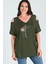 Büyük Beden Breathe Baskılı Omuzu V Pencere Kısa Kol Bluz 1