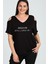 Büyük Beden Overthink Baskılı Omuzu V Pencere Kısa Kol Bluz 1