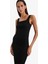 Bodycon Vücudu Saran Kare Yaka Basic Düz Fitilli Kaşkorse Askılı Midi Siyah Yazlık Elbise Z7577AZ25SM 3