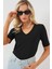 V Yaka Kısa Kol Basic Bluz 955 - Siyah 3