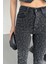 Leopar Taşlı ve Yüksek Belli Dikişsiz Paçalı Bilek Boy Mom Fit Kadın Kot Pantolon Düz Antrasit Jean 2