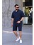 Lacivert Renk Gömlek Şort Erkek Keten Takım Oversize Kalıp 1