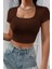 - Kadın Kahverengi Yarım Kol Düz Yaka Crop Top Bluz 1
