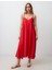 Kırmızı Rahat Kesim V Yaka Askılı Dokuma Midi Elbise 1