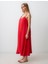 Kırmızı Rahat Kesim V Yaka Askılı Dokuma Midi Elbise 2