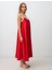 Kırmızı Rahat Kesim V Yaka Askılı Dokuma Midi Elbise 3