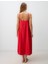 Kırmızı Rahat Kesim V Yaka Askılı Dokuma Midi Elbise 5