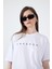 Beyaz Yazı Baskılı Pamuklu Oversize Tişört 2150-3M 4