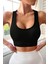 Kadın Siyah Sırtı Çapraz Lastik Detaylı Crop Top Bluz 2