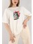 Ekru Unisex Sevimli Minik Kedi Baskılı Pamuk Bisiklet Yaka Boyfriend Örme Oversize T-Shirt 1