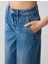 Indigo Mavi %100 Pamuk Rahat Kesim Yüksek Bel Bol Paça Denim Pantolon 5