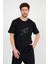 Erkek Siyah Önü Uçak Baskılı Bisiklet Yaka Oversize Pamuklu T-Shirt 1