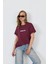 Bordo Yazı Baskılı Pamuklu Oversize Tişört 2150-6M 2