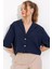 Lacivert Çift Düğmeli Oversize Crop Keten Ceket 0706 3