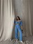 Keten Crop Bluz Büzgü Yaka + Pantolon Takım - Mavi 2