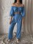 Keten Crop Bluz Büzgü Yaka + Pantolon Takım - Mavi 4