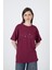 Bordo Yazı Baskılı Oversize Pamuklu Tişört 2150-32M 1