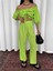Keten Crop Bluz Büzgü Yaka + Pantolon Takım - Yeşil 4