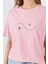 Pembe Yazı Baskılı Oversize Pamuklu Tişört 2150-32M 4