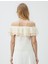 Ekru %100 Pamuk Kısa Kollu Bardot Yaka Nakışlı Dokuma Bluz 5