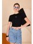 Kadın Siyah Bisiklet Yaka Crop T-Shirt - 169 1