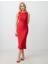 Kırmızı Düz Kesim Kayık Yaka Kolsuz Midi Örme Elbise 1