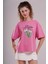 Kadın Pembe Oversize Tişört - The Matcha Club Baskılı 1