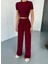 Osy Modal Yumuşak Dokulu Kumaş Kısa Kollu Crop Rahat Pantalon Ikili Takım - Bordo 3