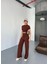 Osy Modal Yumuşak Dokulu Kumaş Kısa Kollu Crop Rahat Pantalon Ikili Takım - Kahverengi 1