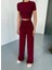 Osy Modal Yumuşak Dokulu Kumaş Kısa Kollu Crop Rahat Pantalon Ikili Takım - Bordo 3