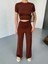 Osy Modal Yumuşak Dokulu Kumaş Kısa Kollu Crop Rahat Pantalon Ikili Takım - Kahverengi 3