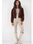 Kapüşonlu Peluş Crop Ceket - Kahverengi 4