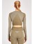 SlimFit Kadın Bisiklet Yaka Uzun Kol Haki Crop Top 816013 2