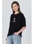 Siyah Ayıcık Baskılı Bisiklet Yaka Oversize Tişört 5530 2