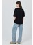 Siyah Ayıcık Baskılı Bisiklet Yaka Oversize Tişört 5530 5