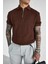 Erkek Yarım Fermuarlı Polo Yaka Triko T-Shirt Kahverengi 1