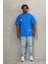 Unisex Oversize Baskılı Bisiklet Yaka T-Shirt - Mavi 4