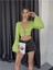 Saten Crop Toka Detaylı Bluz - Yeşil 1