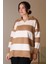 V Yaka Çizgili Camel Ekru Kadın Triko Kazak 5208-2K5 1
