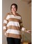 V Yaka Çizgili Camel Ekru Kadın Triko Kazak 5208-2K5 4