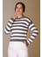 Sıfır Yaka Çizgili Siyah Ekru Kadın Triko Kazak 5560-2K5 2