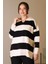 V Yaka Çizgili Ekru Siyah Kadın Triko Kazak 5208-2K5 2