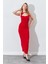 Kadın Kırmızı Önü Pencere Detaylı Elbise 4
