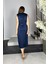 G1207 Drape ve Kemer Detaylı Saten Tasarım Elbise Lacivert 2