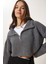 Kadın Oversize Fermuarlı Crop Triko Kazak 4