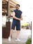Lacivert Basic Erkek Yırtık Detaylı Şort T-Shirt Takım E7319 2
